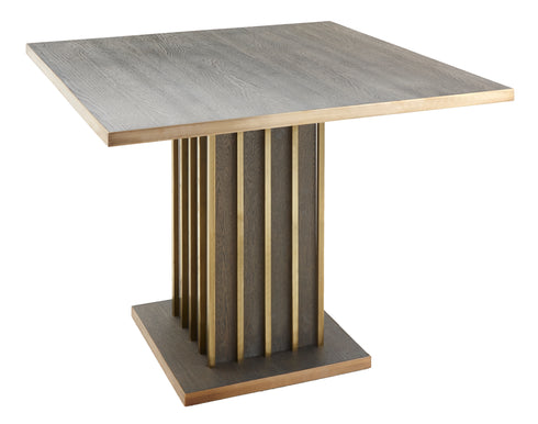 Square Dining Table - Oak Finish With Brass Edge And Brass Tube Detailing Base
