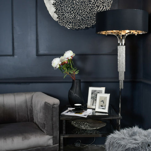 Libra Langan Floor Lamp In Nickel With Black Shade E14 40W