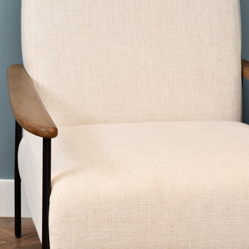 Libra Foundry Pale Grey Upholstered Armchair With Wooden Arm And Steel Frame