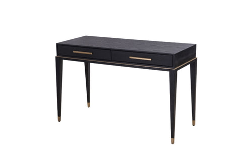 2 Drawer Dressing Table - Black Veneer and Brass Finish With Stainless Steel Curved Legs And Glass Tops