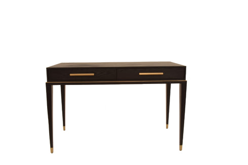 2 Drawer Dressing Table - Black Veneer and Brass Finish With Stainless Steel Curved Legs And Glass Tops
