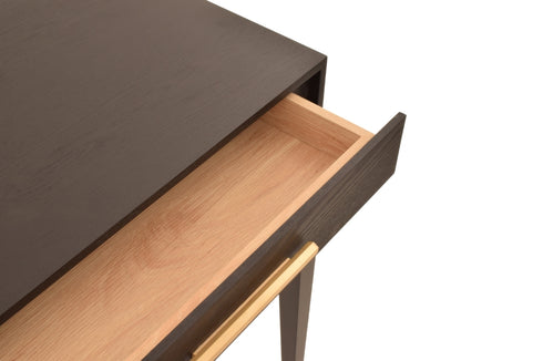2 Drawer Dressing Table - Black Veneer and Brass Finish With Stainless Steel Curved Legs And Glass Tops