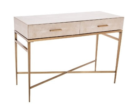 2 Drawer Console Table - Biscuit Shagreen With Glass Tops