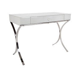 1 Drawer Dressing Table - Iced Ivory Shagreen With Stainless Steel Curved Legs And Glass Tops