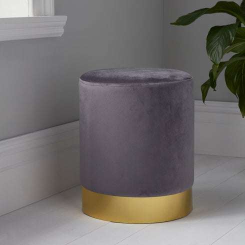 Native Home Lifestyle Round Grey Velvet Stool - Gold Finish