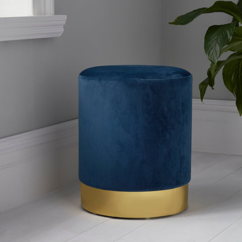 Native Home Lifestyle Round Mystique Blue Velvet Stool - Gold Finish