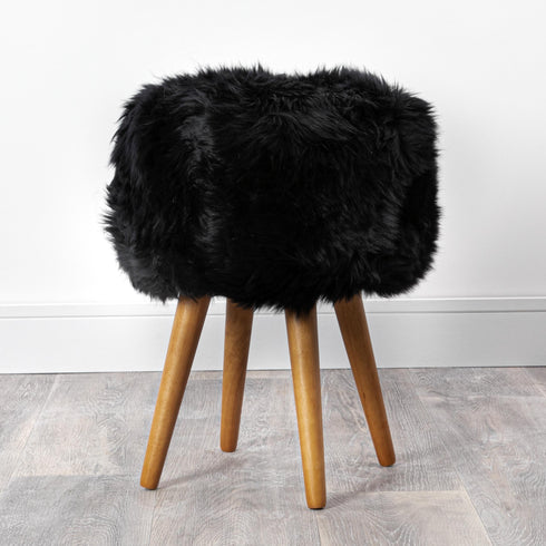 Native Home Lifestyle Black Sheepskin Wood Stool - Woodstain