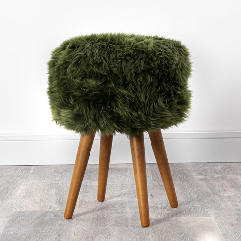 Native Home Lifestyle Olive Green Sheepskin Wood Stool - Woodstain