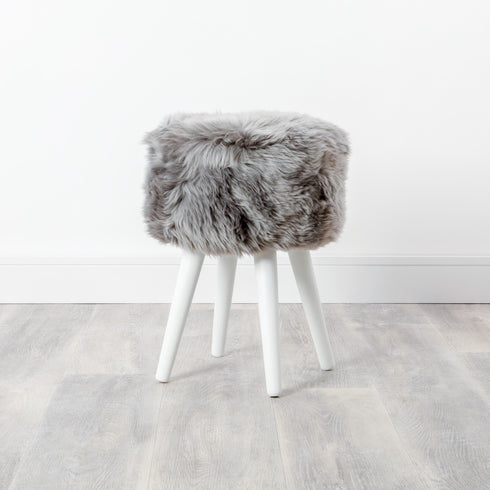 Native Home Lifestyle Grey Sheepskin Wood Stool - White