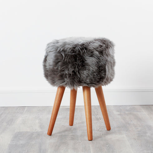 Native Home Lifestyle Grey Sheepskin Wood Stool - Woodstain