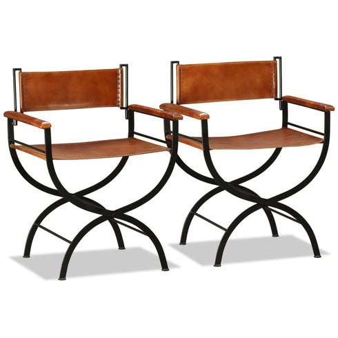 Swen Studio - Folding Chairs 2 pcs Black and Brown Real Leather