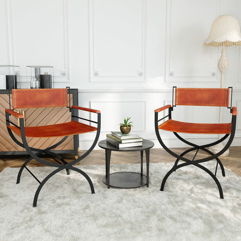 Swen Studio - Folding Chairs 2 pcs Black and Brown Real Leather