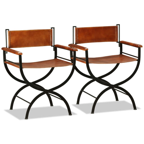Swen Studio - Folding Chairs 2 pcs Black and Brown Real Leather
