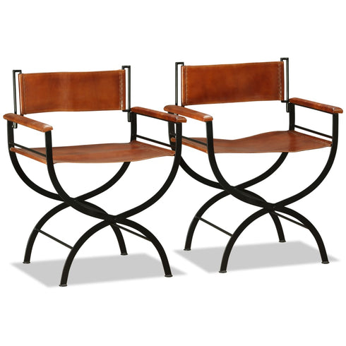 Swen Studio - Folding Chairs 2 pcs Black and Brown Real Leather
